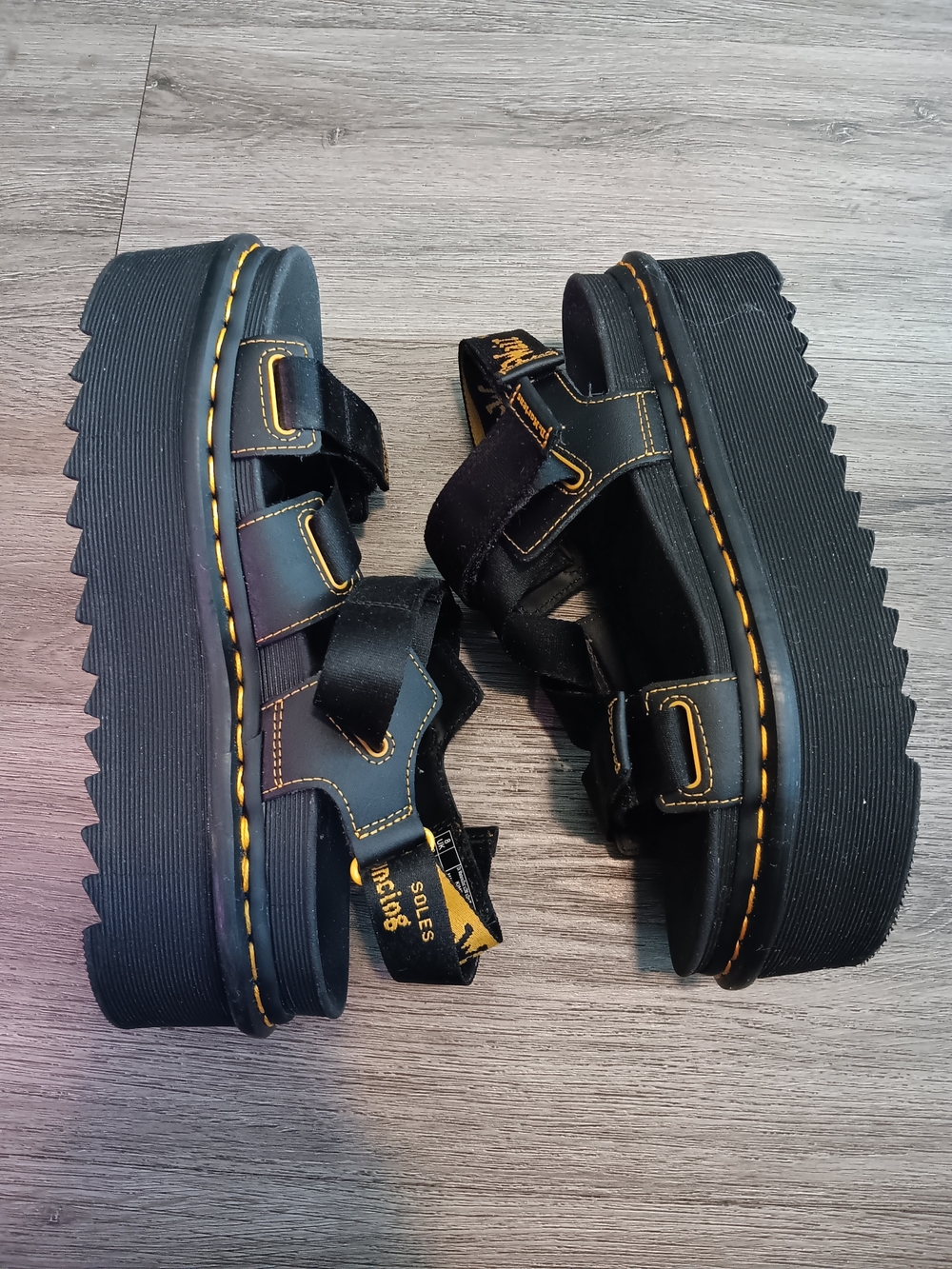 Dr. Martens Kimber Black Platform Strap Sandals with Yellow Stitching